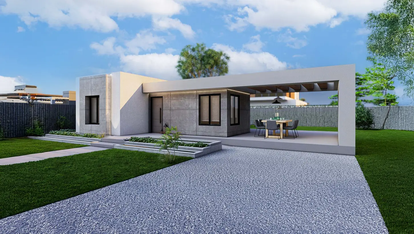 Vista da CASA PRO 4 AMBIENTES: Modelo moderno com cozinha, sala de jantar, 3 quartos, 1 banheiro e pérgola.