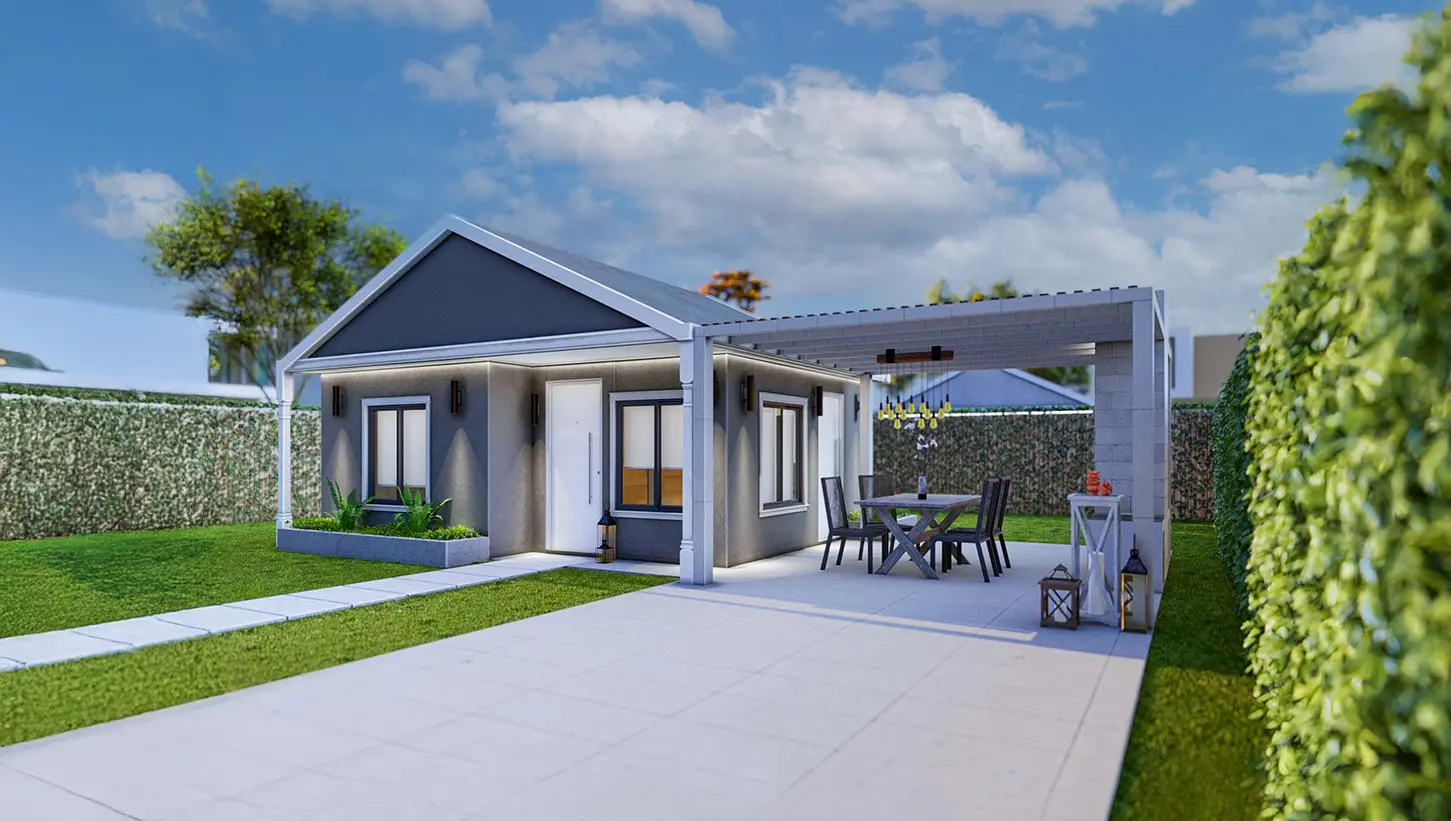 Vista da CASA PACK 25m²: Casa ideal para casais com cozinha, sala de jantar, 1 quarto e 1 banheiro.