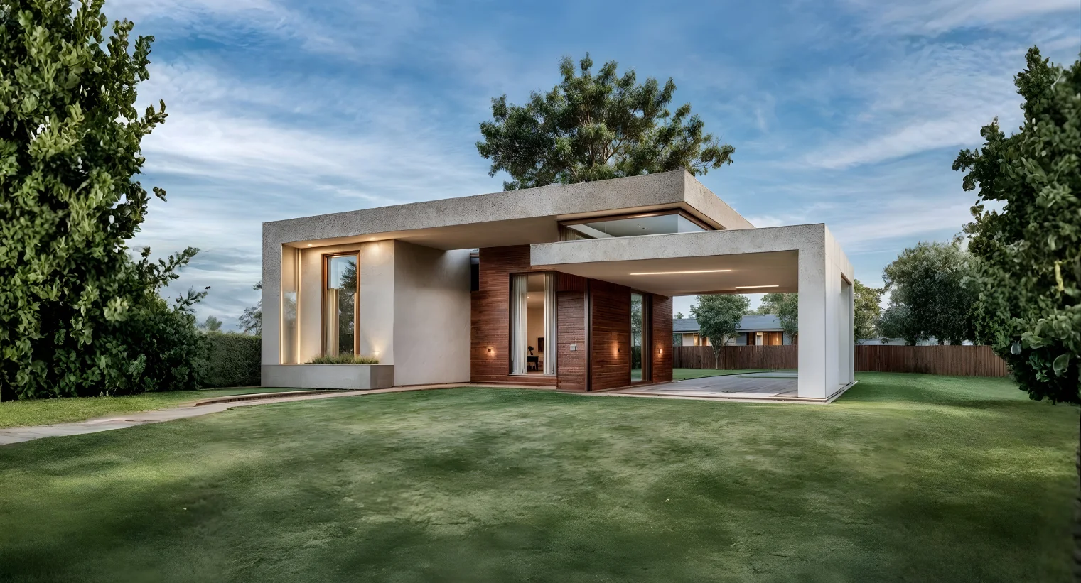 Vista de Santorini 134,46m²: Modelo moderno de una planta con cocina, comedor y estar integrados, 2 dormitorios, 1 baño y sector semicubierto con pérgola.