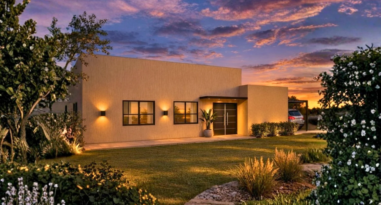 Vista de Taiwán 160m²: Modelo moderno de una planta en L con cocina, comedor y estar integrados, 3 habitaciones (principal en suite con vestidor), 3 baños, lavadero, depósito y cochera semicubierta.