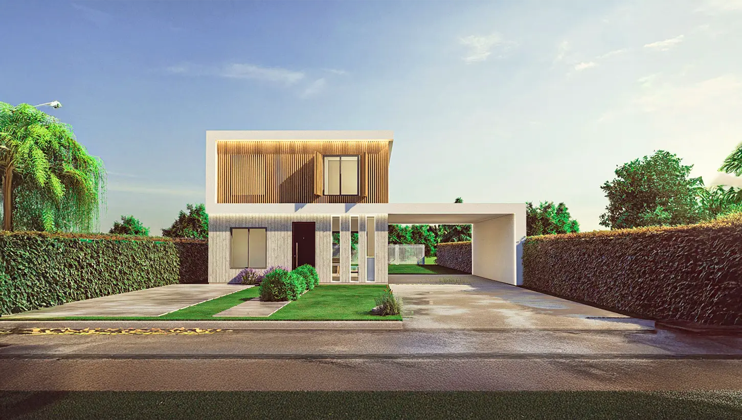 Vista do modelo 3036: Casa espaçosa de dois andares com sala de estar, sala de jantar, cozinha, 3 quartos, 2 banheiros e pérgola.