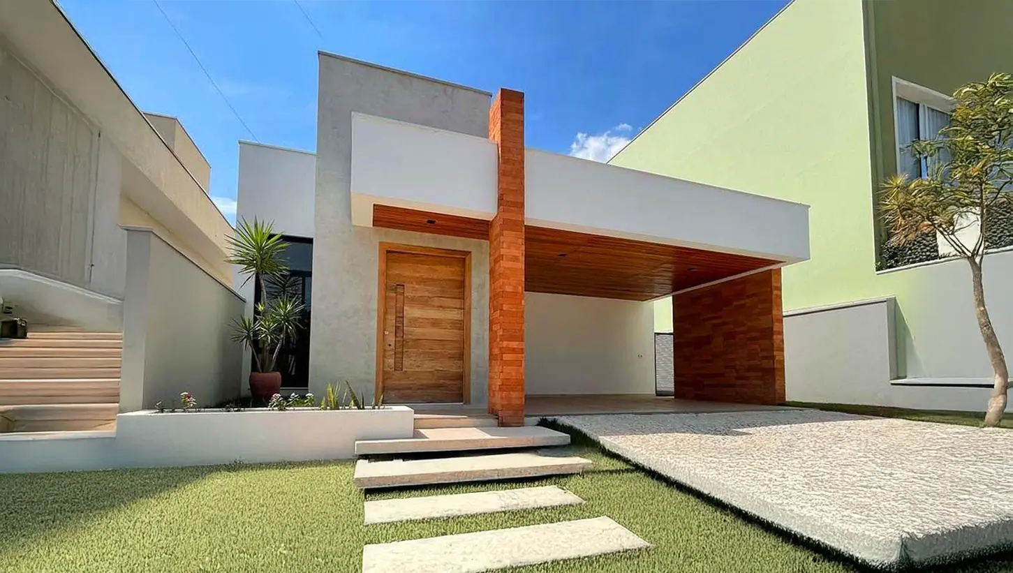 Vista do modelo 9011: Design minimalista de um andar com sala de estar, jantar, cozinha, 2 quartos, 1 banheiro e pérgola.