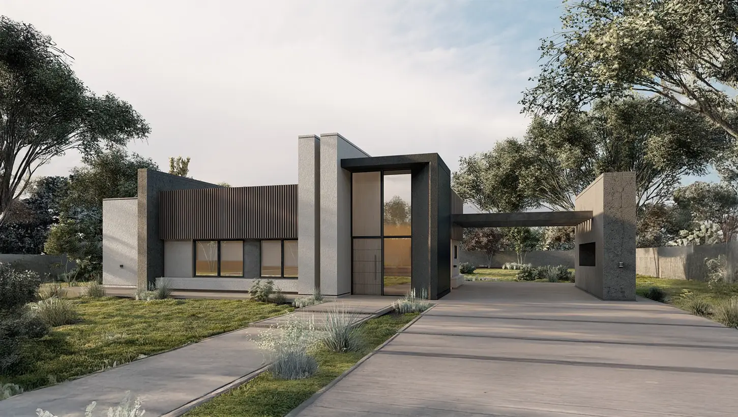 Vista do modelo ROYAL STEEL: Casa iluminada de um andar com sala de estar, sala de jantar, cozinha, 3 quartos, 2 banheiros e pérgola.