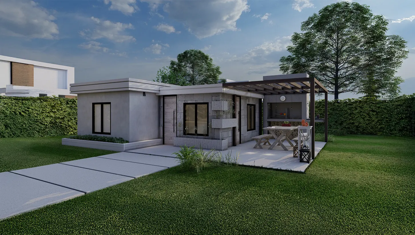 Vista do modelo RÚSTICA: Casa aconchegante com sala de estar, sala de jantar, cozinha, 2 dormitórios, 1 banheiro e pérgola.