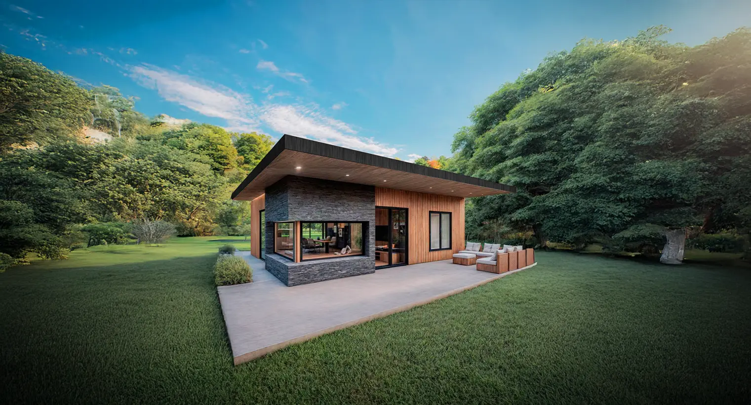 Vista do modelo VACACIONAL: Cabana de 80 m² com cozinha, sala de estar, sala de jantar, 2 quartos, 1 banheiro e varanda externa.