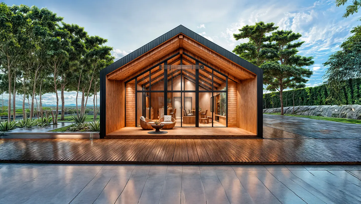 Vista do modelo PREMIUM: Cabana térrea com sala de estar, cozinha integrada, sala de jantar, 2 quartos e 1 banheiro.