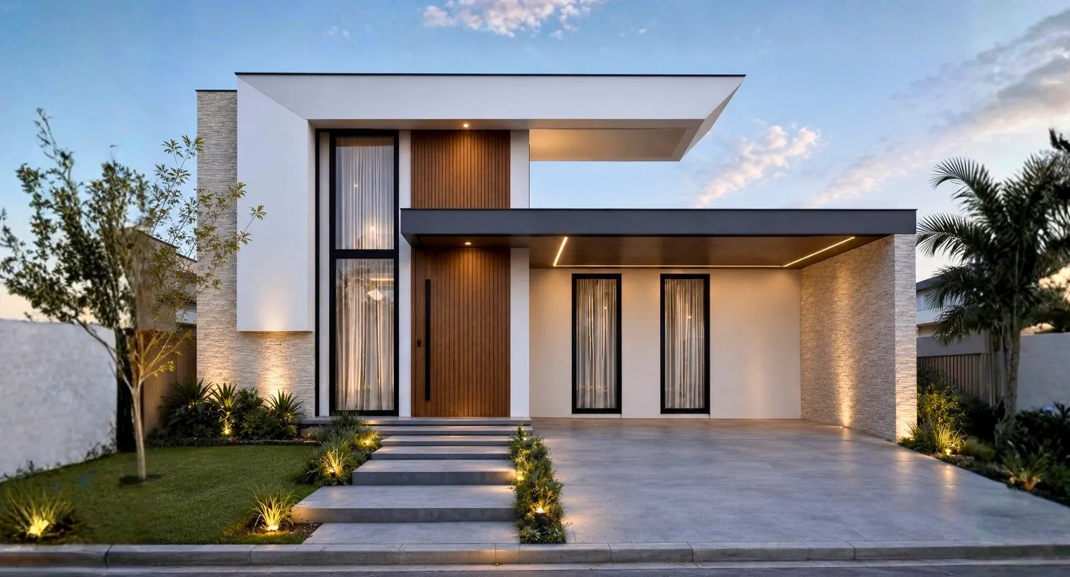 Render de una vivienda de fachada blanca con acceso alto revestido en madera y cochera semicubierta lateral.