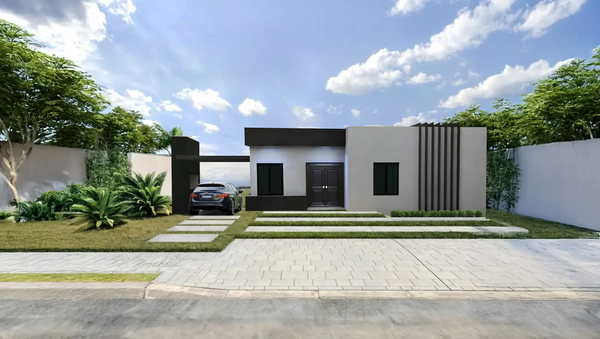Vista de CASA PRO 4 AMBIENTES: Modelo moderno de 4 ambientes con cocina, comedor, 3 habitaciones, 1 baño y pérgola.